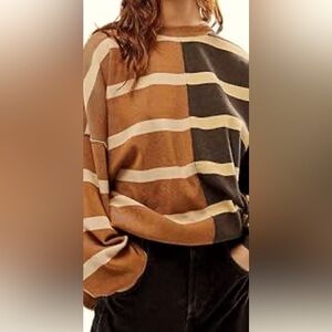 Free People Uptown Pullover Colorblock Crew Neck Sweater - Brown and Black M